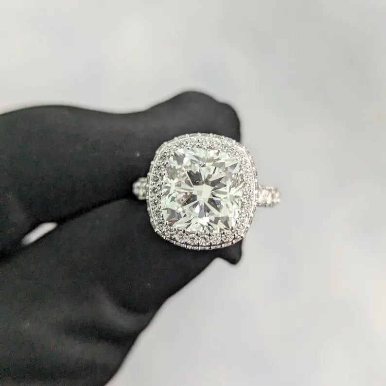 SQ Cushion 5.60tcw Lab Grown Diamond Halo Pave Set Engagement Ring, D-E-F Color, VVS-VS Clarity