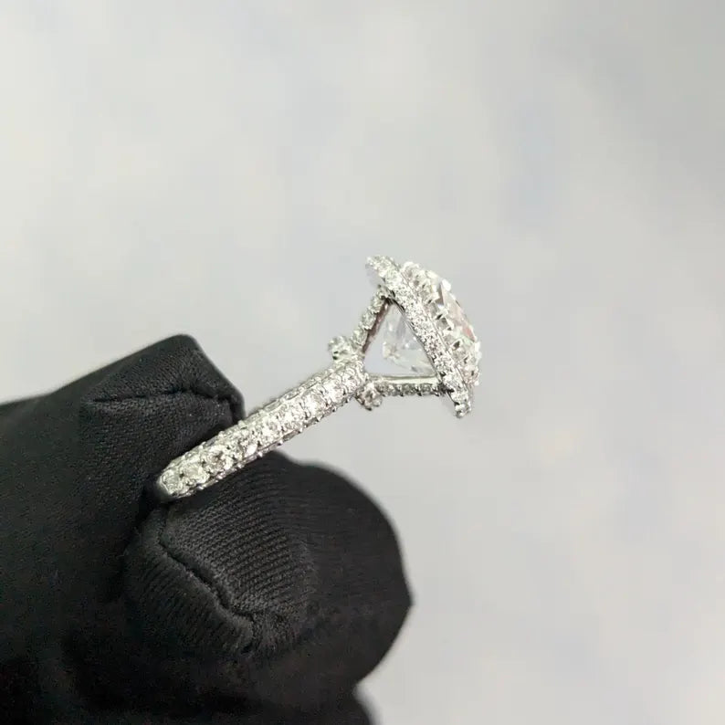 SQ Cushion 5.60tcw Lab Grown Diamond Halo Pave Set Engagement Ring, D-E-F Color, VVS-VS Clarity