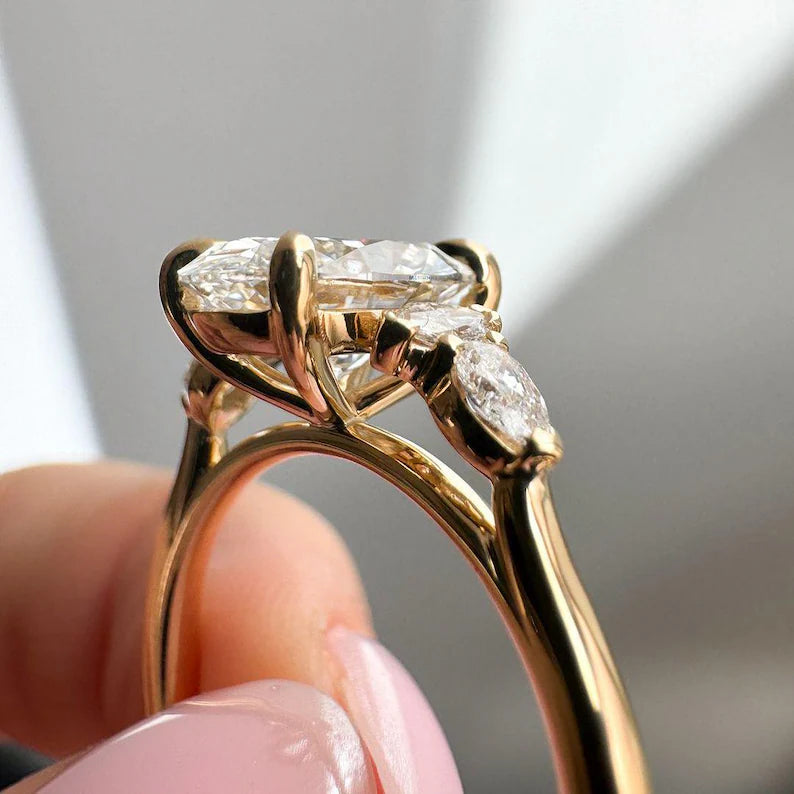 Oval 4.40tcw Lab Grown Diamond Cathedral Side Stone Engagement Ring, D-E-F Color, VVS-VS Clarity - IGI Certificate