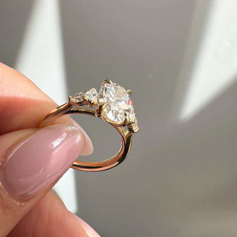 Oval 4.40tcw Lab Grown Diamond Cathedral Side Stone Engagement Ring, D-E-F Color, VVS-VS Clarity - IGI Certificate