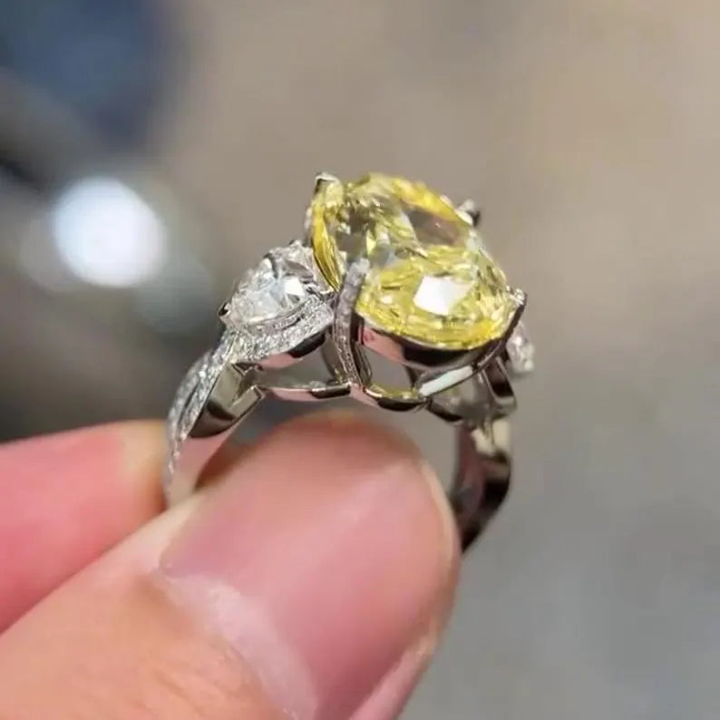 Oval Fancy Yellow 10.50tcw Lab Diamond Pave Ring | IGI | Three Stone | VVS–VS Clarity