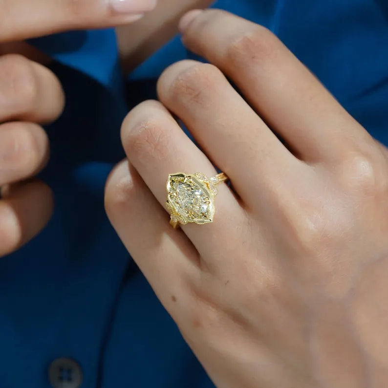 Marquise 3.60tcw Fancy Yellow Lab Diamond Engagement Ring | Vintage Cathedral | IGI Certified
