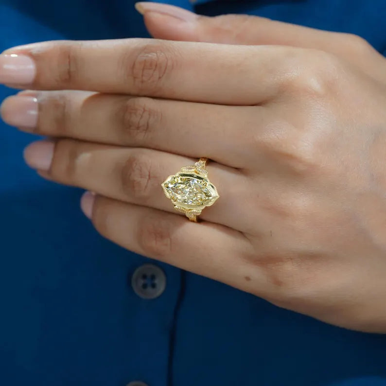 Marquise 3.60tcw Fancy Yellow Lab Diamond Engagement Ring | Vintage Cathedral | IGI Certified