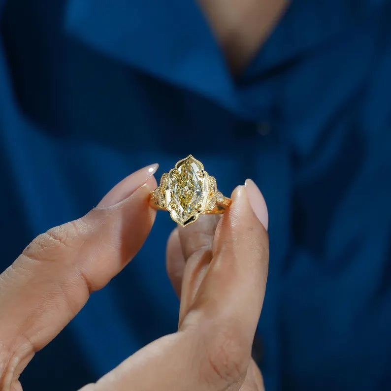 Marquise 3.60tcw Fancy Yellow Lab Diamond Engagement Ring | Vintage Cathedral | IGI Certified