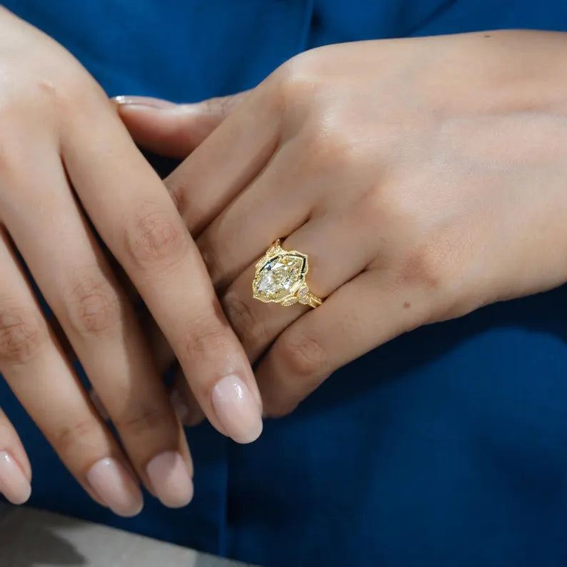 Marquise 3.60tcw Fancy Yellow Lab Diamond Engagement Ring | Vintage Cathedral | IGI Certified