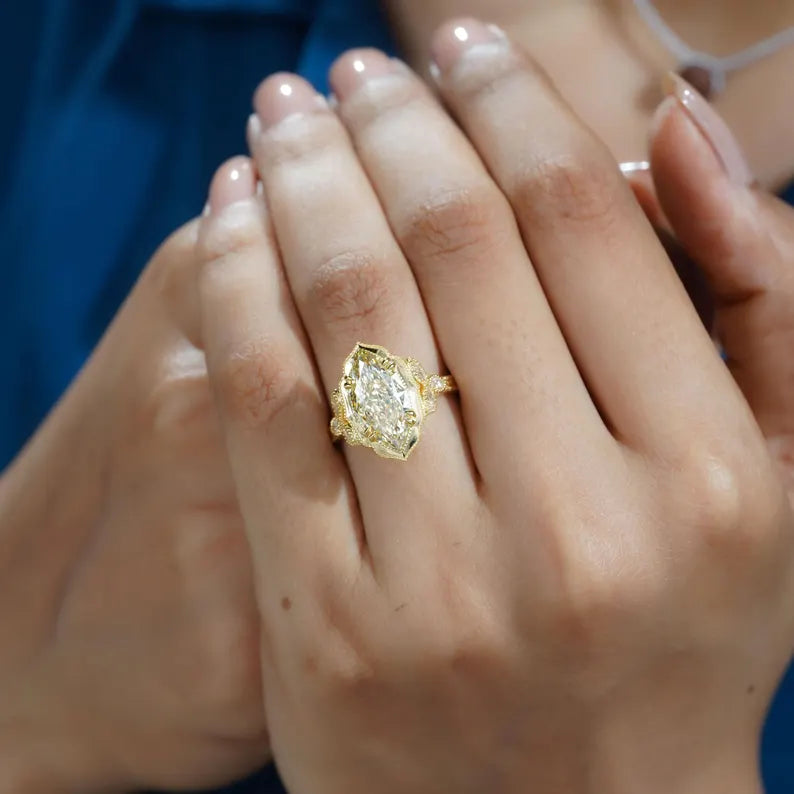 Marquise 3.60tcw Fancy Yellow Lab Diamond Engagement Ring | Vintage Cathedral | IGI Certified