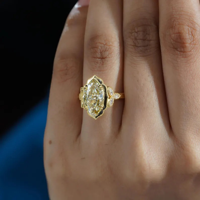 Marquise 3.60tcw Fancy Yellow Lab Diamond Engagement Ring | Vintage Cathedral | IGI Certified