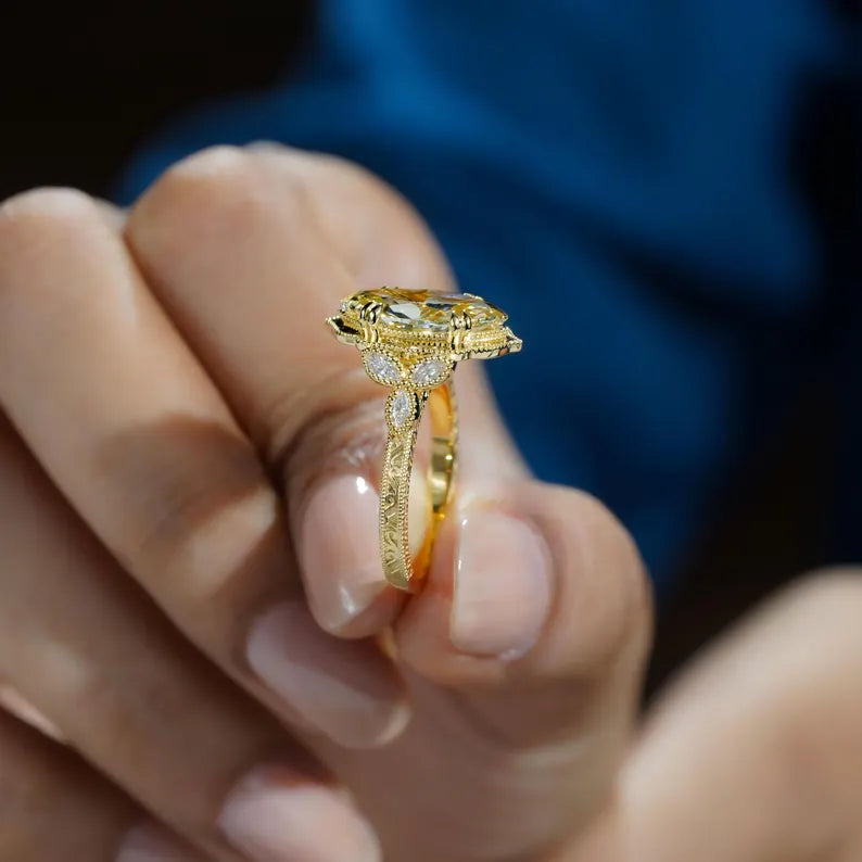 Marquise 3.60tcw Fancy Yellow Lab Diamond Engagement Ring | Vintage Cathedral | IGI Certified