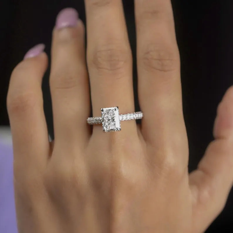 Radiant Lab Grown Diamond Engagement Ring With Hidden Halo Pave Setting | IGI Certified