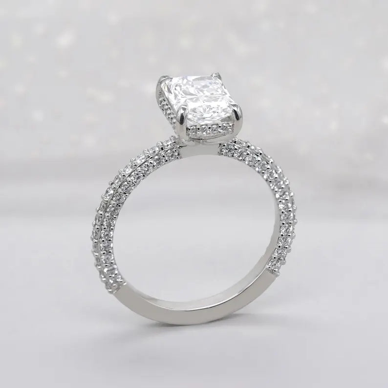 Radiant Lab Grown Diamond Engagement Ring With Hidden Halo Pave Setting | IGI Certified