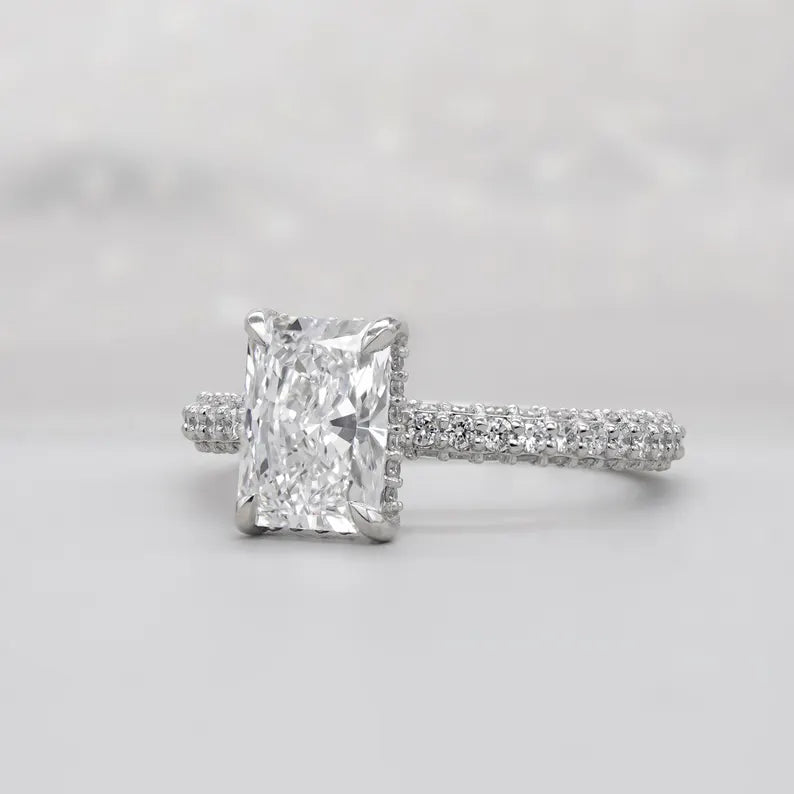 Radiant Lab Grown Diamond Engagement Ring With Hidden Halo Pave Setting | IGI Certified