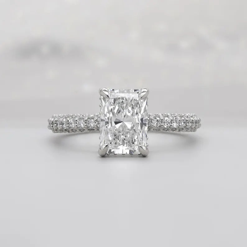 Radiant Lab Grown Diamond Engagement Ring With Hidden Halo Pave Setting | IGI Certified