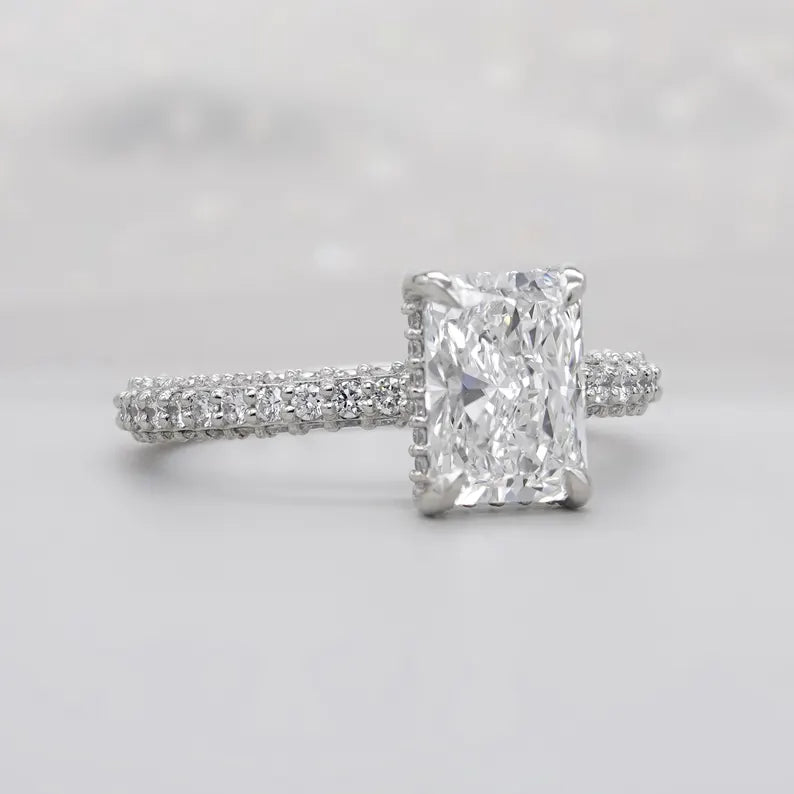 Radiant Lab Grown Diamond Engagement Ring With Hidden Halo Pave Setting | IGI Certified