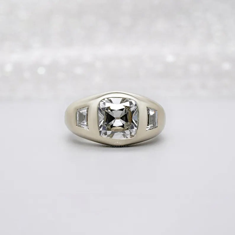 Old Mine Cushion Cut Diamond three stone engagement ring yellow gold