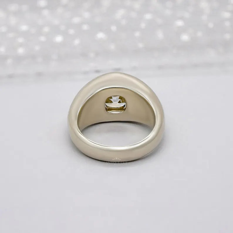 Bezel set Old Mine Cushion Cut Diamond three stone ring