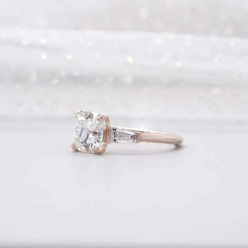Old Mine Cushion Cut Engagement Ring With Three Stones | Yellow Gold And Rose Gold  | IGI Certified