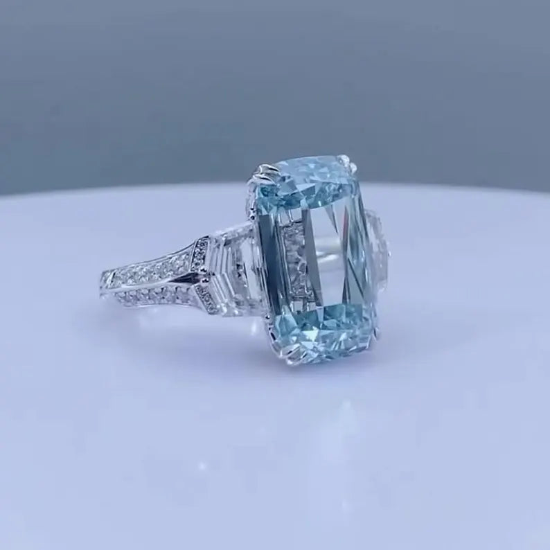 Fancy Blue Emerald 6.50tcw Lab Grown Diamond Three Stone Ring | IGI Certified VVS–VS