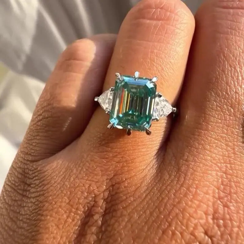 Fancy Blue Emerald 9.50ct + Trillion 2.50ctLab Grown Diamond Three Stone Engagement Ring | IGI Certified