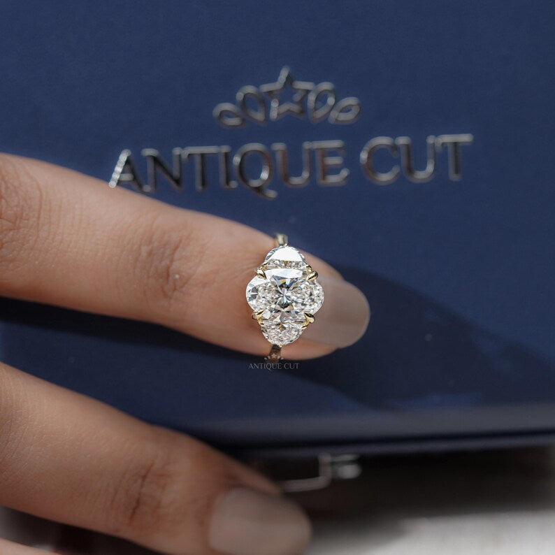 Oval Cut Diamond Engagement Ring | Three Stone Gold Ring | 2.70ct Center + 0.80ct Side Stones | Unique Anniversary Ring