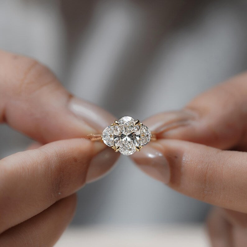 Oval Cut Diamond Engagement Ring | Three Stone Gold Ring | 2.70ct Center + 0.80ct Side Stones | Unique Anniversary Ring
