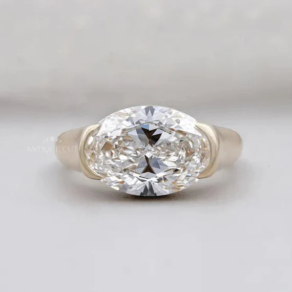 East West Oval Half Bezel Engagement Ring | Lab Made Diamond | IGI Certified