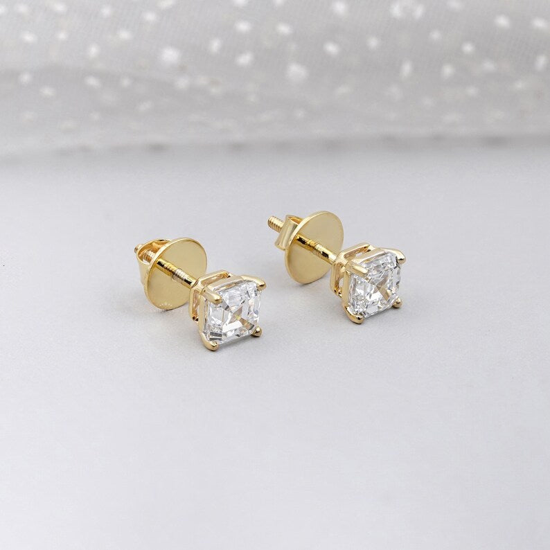 1.50ct Asscher Cut Diamond Stud Earrings | 14K Gold Screw Back Studs | Solitaire Diamond Earrings | Classic Fine Jewelry Gift for Her