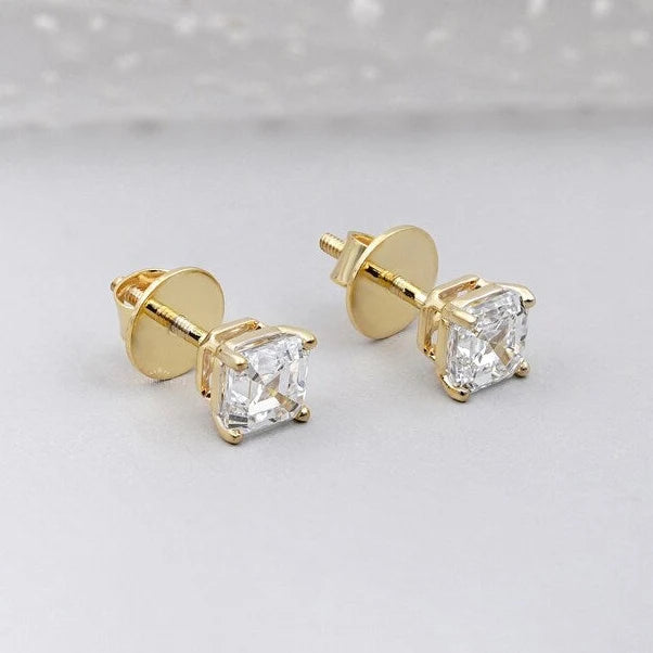 Asscher Cut Diamond Stud Earrings | Screw Back Studs | Solitaire Diamond Earrings
