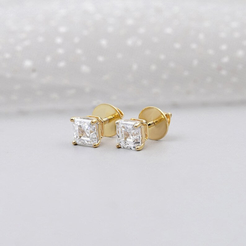 1.50ct Asscher Cut Diamond Stud Earrings | 14K Gold Screw Back Studs | Solitaire Diamond Earrings | Classic Fine Jewelry Gift for Her