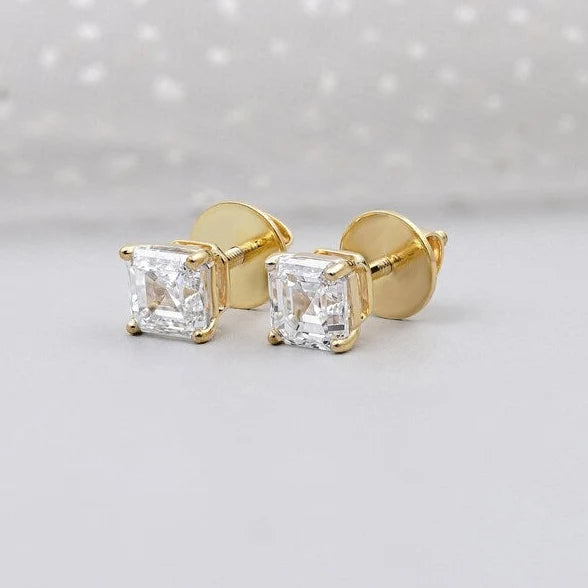 Asscher Cut Diamond Stud Earrings | Screw Back Studs | Solitaire Diamond Earrings