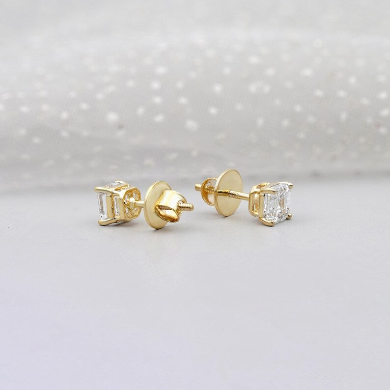 1.50ct Asscher Cut Diamond Stud Earrings | 14K Gold Screw Back Studs | Solitaire Diamond Earrings | Classic Fine Jewelry Gift for Her