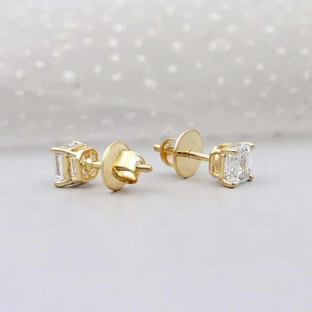 Asscher Cut Diamond Stud Earrings | Screw Back Studs | Solitaire Diamond Earrings