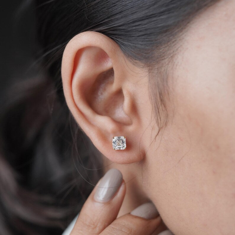 1.50ct Asscher Cut Diamond Stud Earrings | 14K Gold Screw Back Studs | Solitaire Diamond Earrings | Classic Fine Jewelry Gift for Her