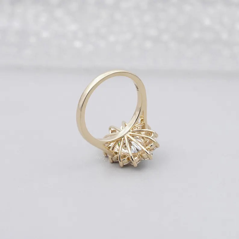 Oval Cluster Halo Engagement Ring | 2.50ct Center + 1.00ct Side Diamonds | Floral Oval Diamond Ring | Gold Engagement Ring