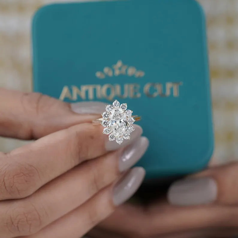 Oval Cluster Halo Engagement Ring | 2.50ct Center + 1.00ct Side Diamonds | Floral Oval Diamond Ring | Gold Engagement Ring