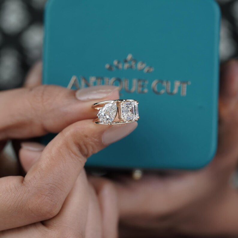 Two Stone Diamond Ring | 1.50ct Pear + 1.00ct Square Emerald Cut | Toi et Moi Engagement Ring | 14K Yellow Gold | Modern Statement Ring