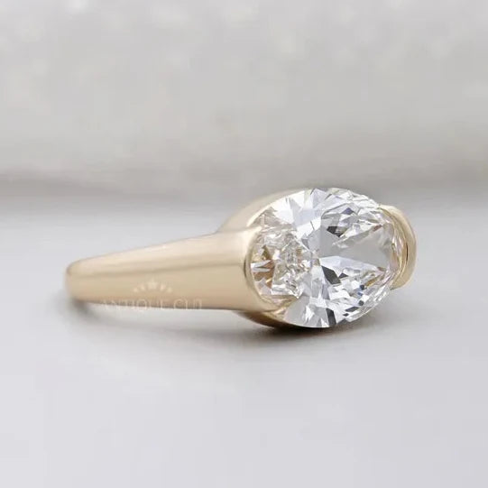 East West Oval Half Bezel Engagement Ring | Lab Made Diamond | IGI Certified