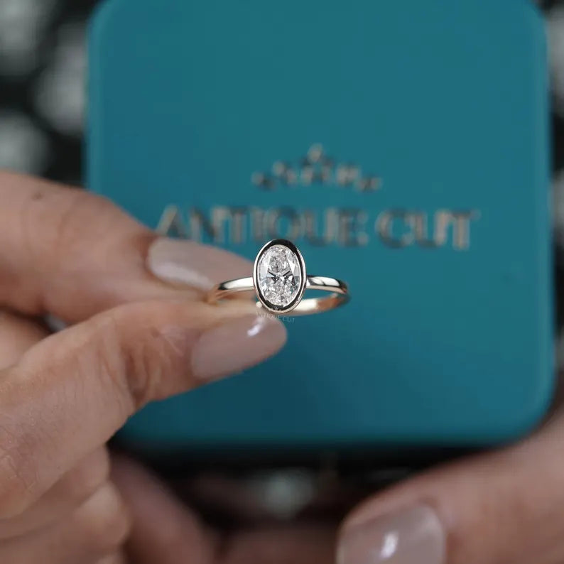 1.50ct Oval Cut Diamond Ring | Bezel Set Solitaire | 14K Yellow Gold | Minimalist Engagement Ring | Antique Cut Fine Jewelry