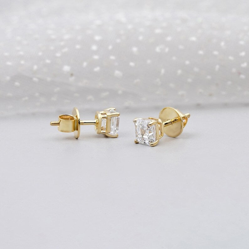 1.50ct Asscher Cut Diamond Stud Earrings | 14K Gold Screw Back Studs | Solitaire Diamond Earrings | Classic Fine Jewelry Gift for Her