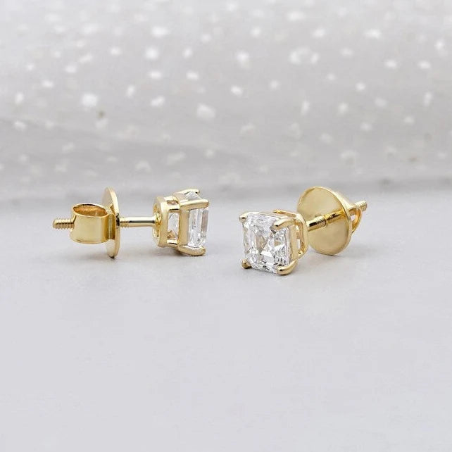 Asscher Cut Diamond Stud Earrings | Screw Back Studs | Solitaire Diamond Earrings