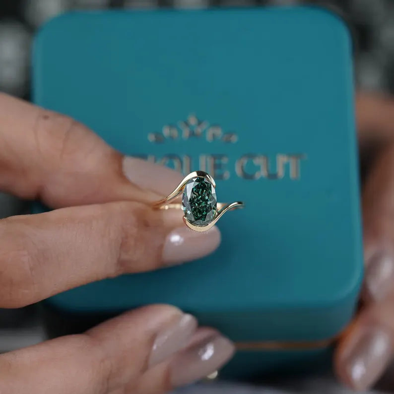 3.00ct Green Lab Grown Diamond Ring with 0.40ct Diamond Accents | Gold Wave Engagement Ring