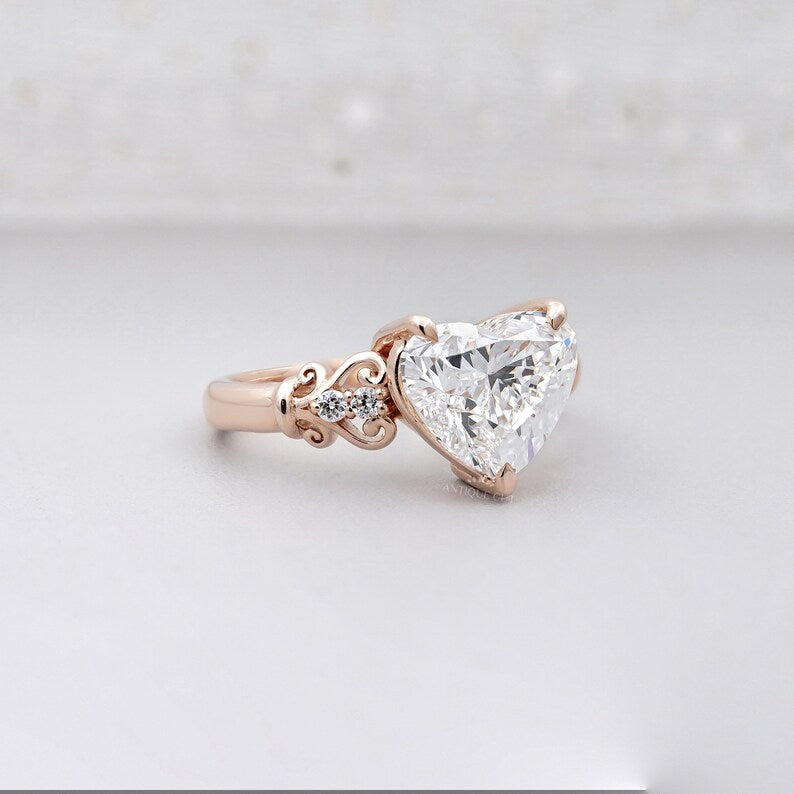 Heart Cut Engagement Ring | 3.10tcw Heart Shape Diamond | Rose Gold Romantic Engagement Ring | Vintage Inspired Solitaire Ring