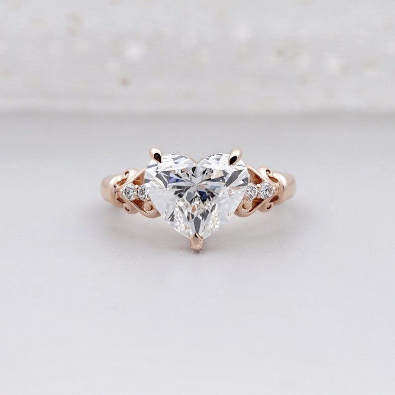 Heart Cut Engagement Ring | 3.10tcw Heart Shape Diamond | Rose Gold Romantic Engagement Ring | Vintage Inspired Solitaire Ring
