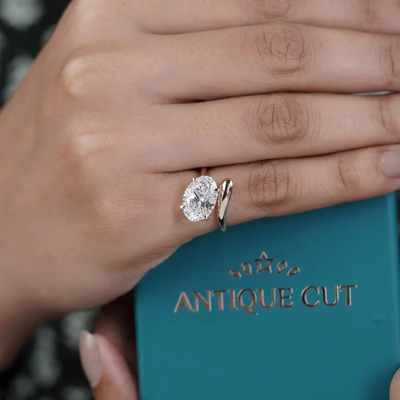 3.50ct Oval Cut Diamond Engagement Ring | Modern Bypass Setting in 14K Yellow Gold | Unique Solitaire Ring | Antique Cut Fine Jewelry