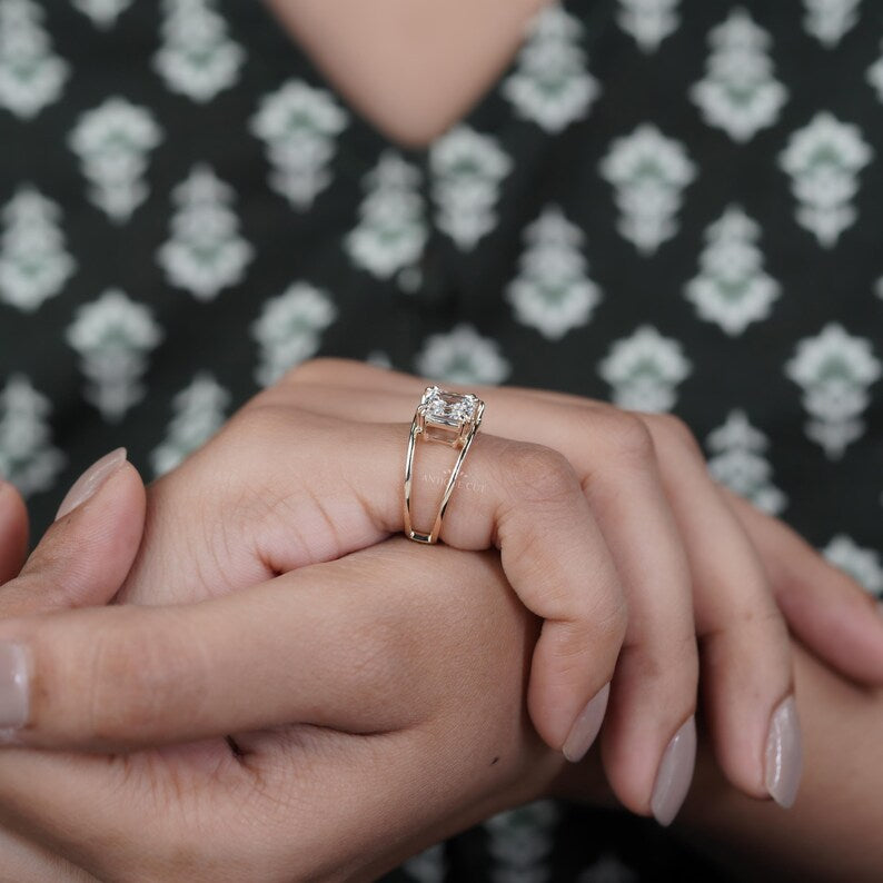 Two Stone Diamond Ring | 1.50ct Pear + 1.00ct Square Emerald Cut | Toi et Moi Engagement Ring | 14K Yellow Gold | Modern Statement Ring