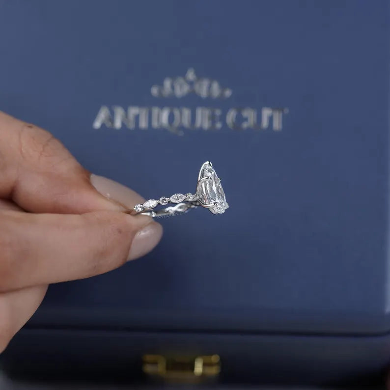 2.80ct Pear Cut Diamond Engagement Ring | 0.60ct Side Stones | 14K White Gold | Marquise Band | Antique Cut Fine Jewelry