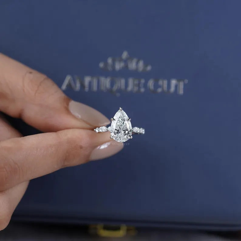 2.80ct Pear Cut Diamond Engagement Ring | 0.60ct Side Stones | 14K White Gold | Marquise Band | Antique Cut Fine Jewelry
