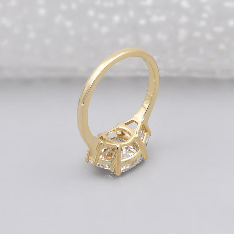 Cushion 3.00tcw Engagement Ring | Lab Diamond Three Stone Ring with Baguette Sides | Yellow Gold Ring