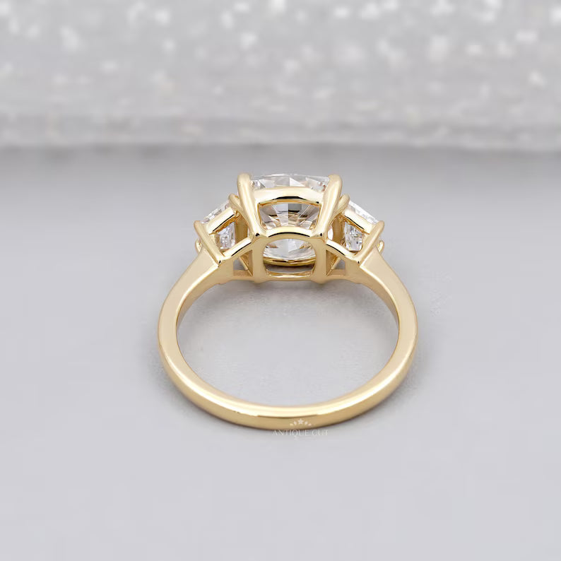 Cushion 3.00tcw Engagement Ring | Lab Diamond Three Stone Ring with Baguette Sides | Yellow Gold Ring