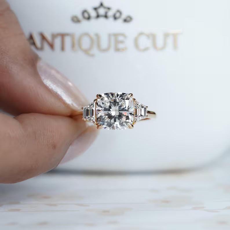 Cushion 3.00tcw Engagement Ring | Lab Diamond Three Stone Ring with Baguette Sides | Yellow Gold Ring