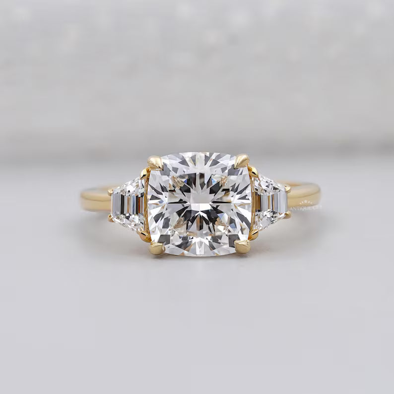 Cushion 3.00tcw Engagement Ring | Lab Diamond Three Stone Ring with Baguette Sides | Yellow Gold Ring
